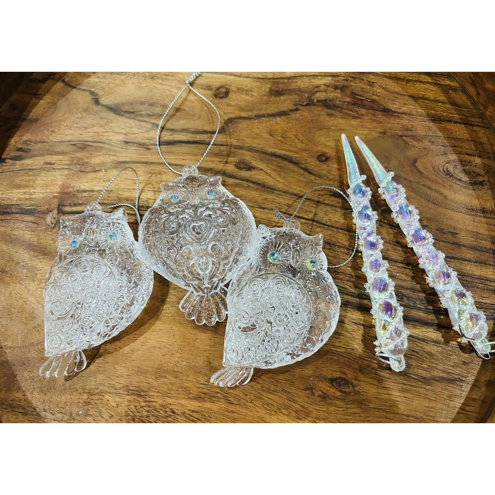 Owl Christmas Tree Ornaments Set Clear Turquoise Sparkle Whimsical Woodland Deco